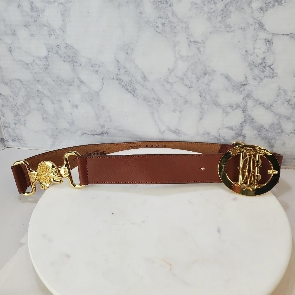 Christian Audigier Small Brown Leather Belt Skulls Roses Gold Halloween 90s Rare